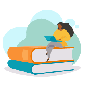 An illustration of a woman sitting on books with her laptop
