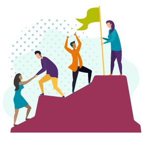 An illustration of business people helping each other climb a hill