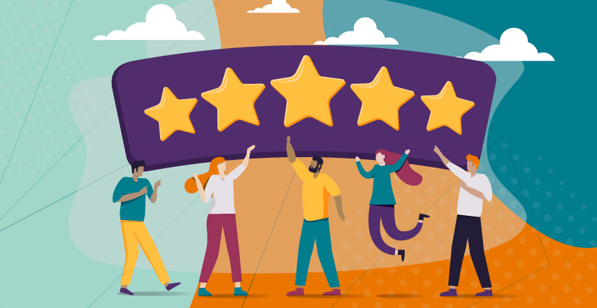 An illustration of a group of people pointing to a banner with five stars